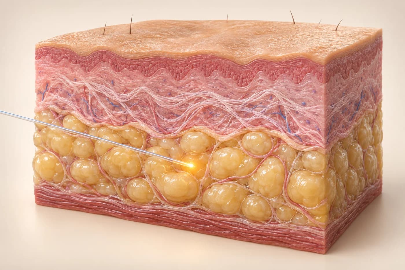 Illustrative skin cross-section with an optical fibre beneath the skin